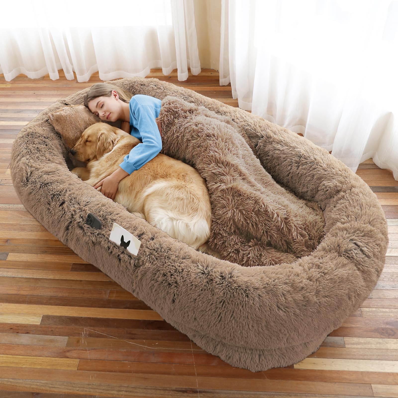 WROS Human Dog Bed, Large Dog Beds for Humans Size Fits You and Pets, Washable Faux Fur Orthopedic Human Pet Bed for People Doze Off, Napping, Present Pillow, Blanket, Strap - Khaki