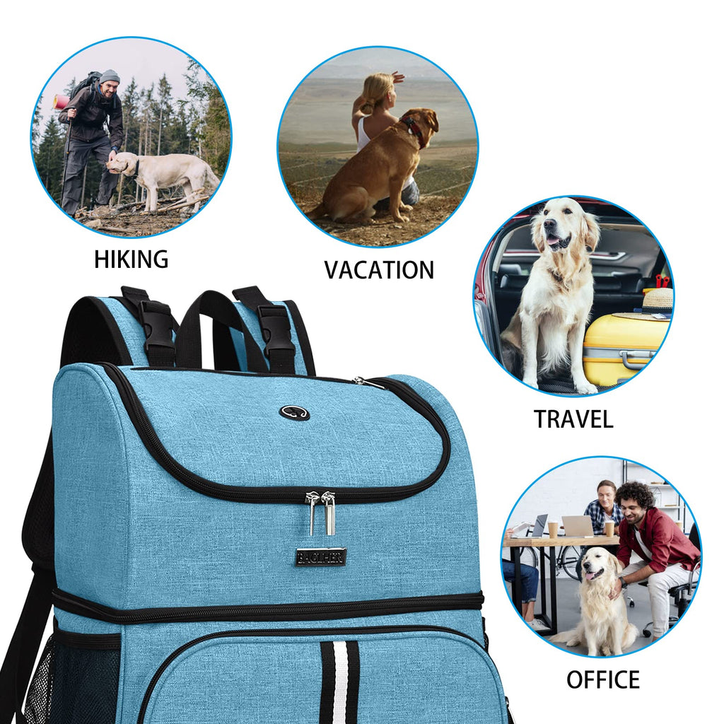 BAGLHER Pet Travel Bag, Double-Layer Pet Supplies Backpack (for All Pet Travel Supplies), Pet Travel Backpack with 2 Silicone Collapsible Bowls and 2 Food Baskets Sky Blue