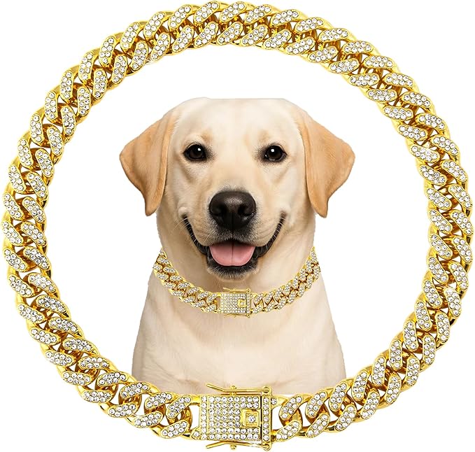 Dog Collar Cuban Link Rose Glod Crystal Dog Necklace Metal Chain Collar with Design Secure Buckle Pet Collar Jewelry Accessories for Small Medium Large Dogs Cats(Rose Glod 14inch)