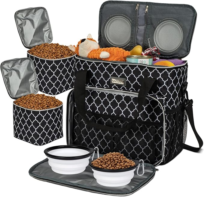 BAGLHER Dog Travel Bag, Pet Travel Bag (All Pet Travel Supplies), with 2 Pet Food Containers and 2 Collapsible Silicone Bowls; Essential Kits for Travel DLblack