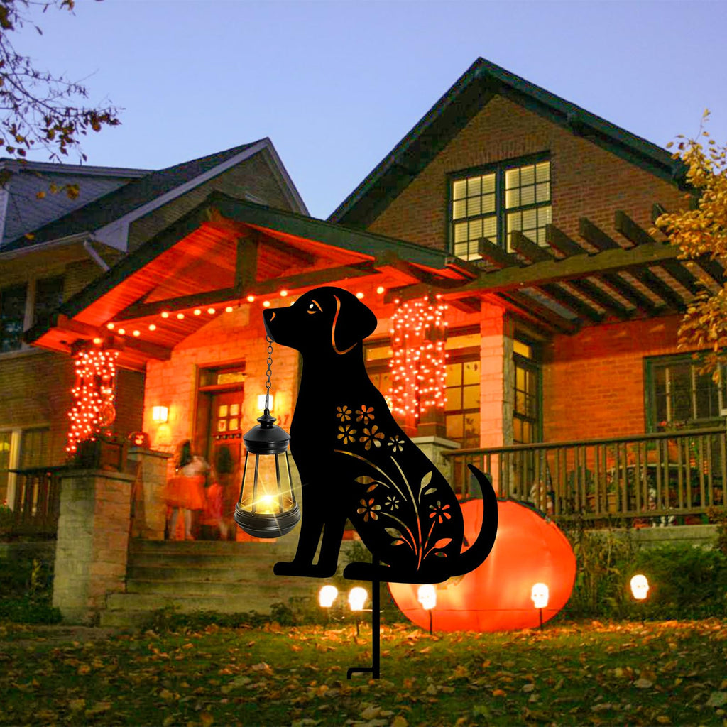 Solar Decorative Garden Light, Dog Outdoor Stake With Hanging Lantern
