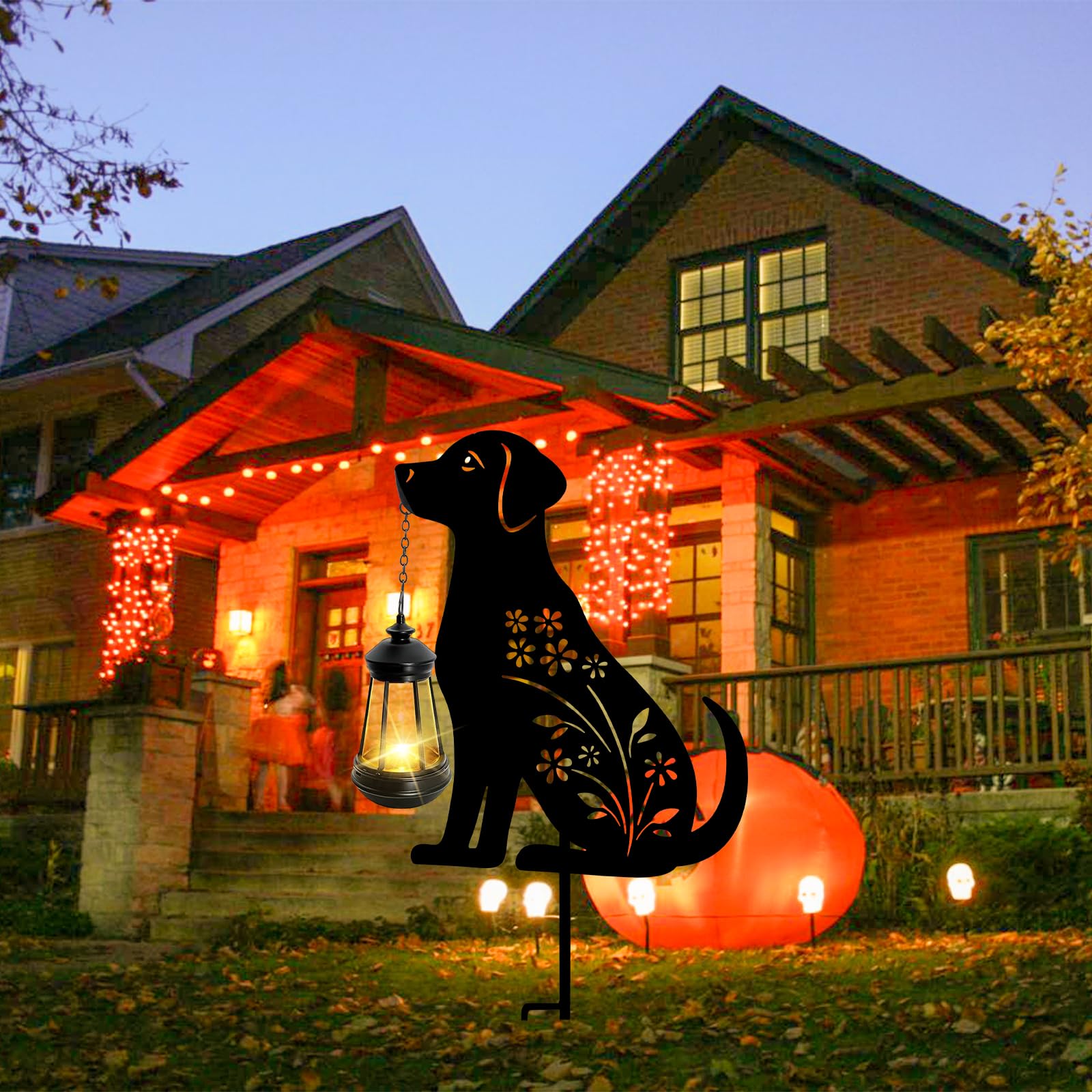 Solar Decorative Garden Light, Dog Outdoor Stake With Hanging Lantern