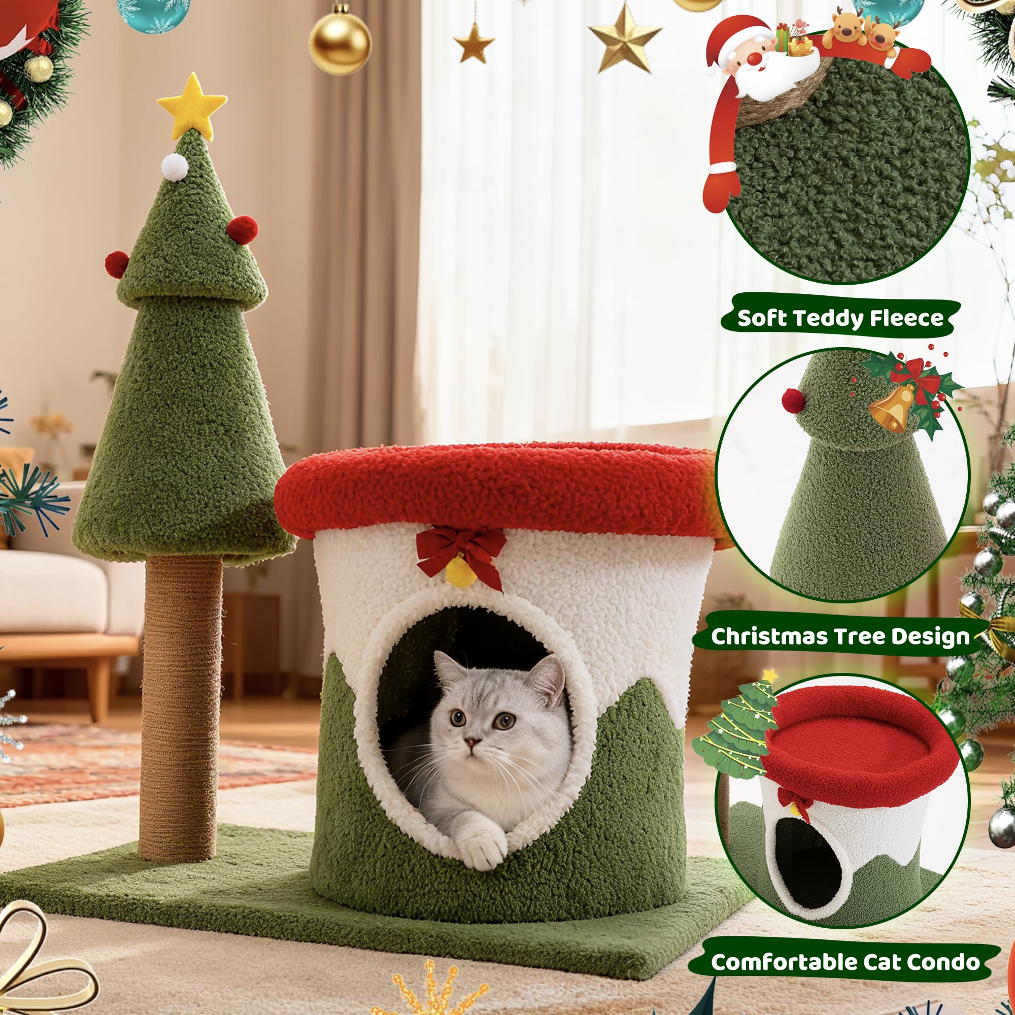 COSIEST 30in Christmas Cat Tree for Kittens, Kitty Condo with Top Perch, Small Cat Tree House with Sisal Scratching Posts, Cat Safe Christmas Tree Tower for Indoor Cats, Activity Center, Red & Green