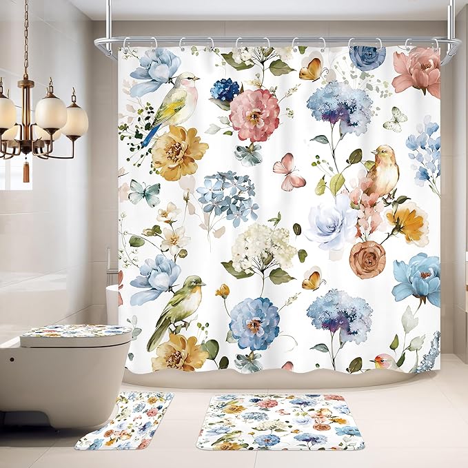Ufeela 4 PCS Blue Floral Birds Bathroom Set with Shower Curtain and Rugs 72Wx72H Inch Classical Watercolor Non-Slip Bath Rug Toilet Lid Cover and U Shape Mat Accessories 12 Hooks Bathoom Decor