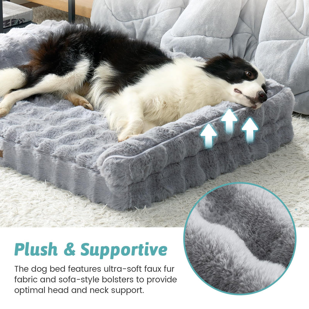 Faux Fur Orthopedic Dog Bed, Extra Large Dog Bed, Supportive Foam Pet Sofa with Waterproof Lining Cover, Washable U-Shaped Pet Couch with Anti-Slip Bottom Design, Grey XXL 48x32x8 inch