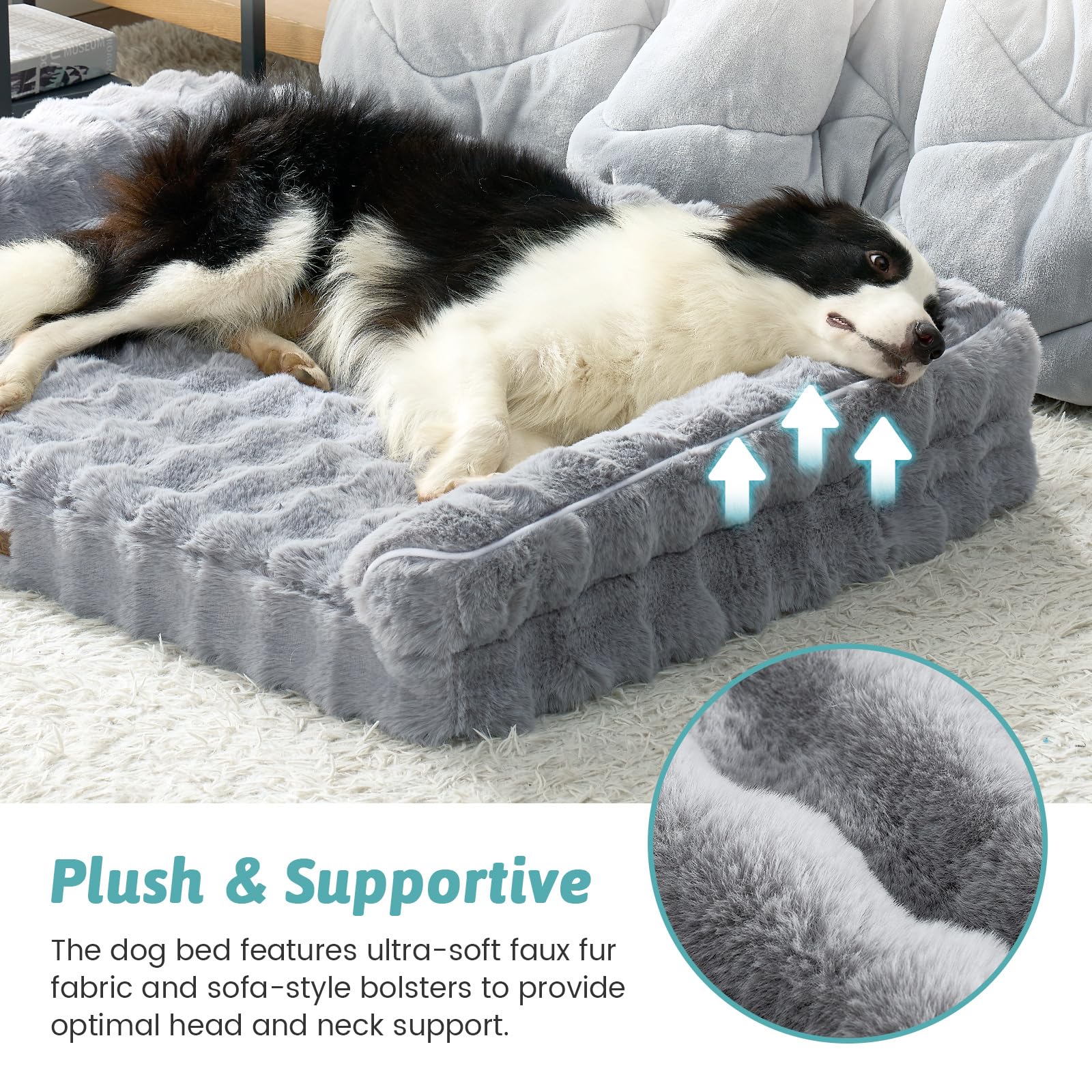 Faux Fur Orthopedic Dog Bed, Extra Large Dog Bed, Supportive Foam Pet Sofa with Waterproof Lining Cover, Washable U-Shaped Pet Couch with Anti-Slip Bottom Design, Grey XXL 48x32x8 inch