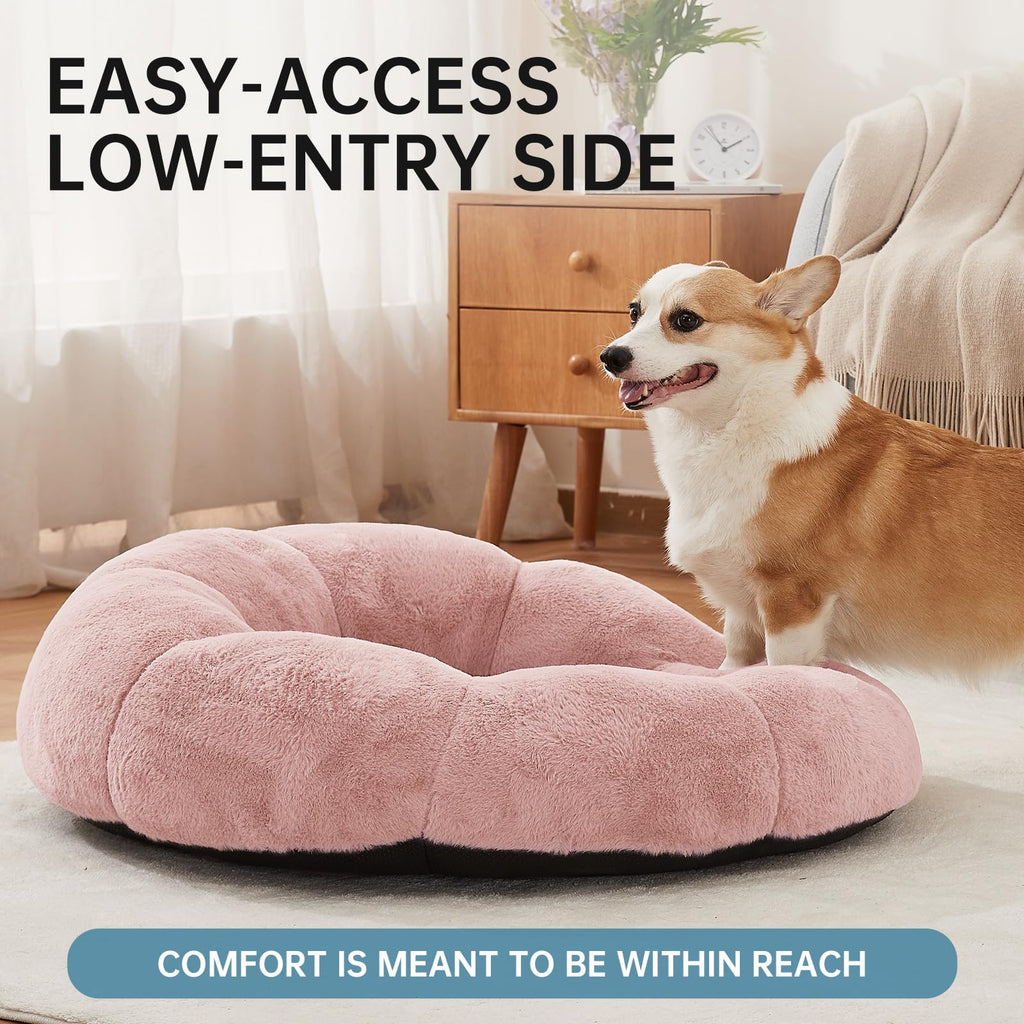 OhGeni 31 inches Calming Donut Orthopedic Dog & Cat Bed for Medium Pets, Warming Comfort Fluffy Short Pile Fur, Durable Waterproof Machine Washable Removable Cover, Cute Round Bed for Puppy, Pink