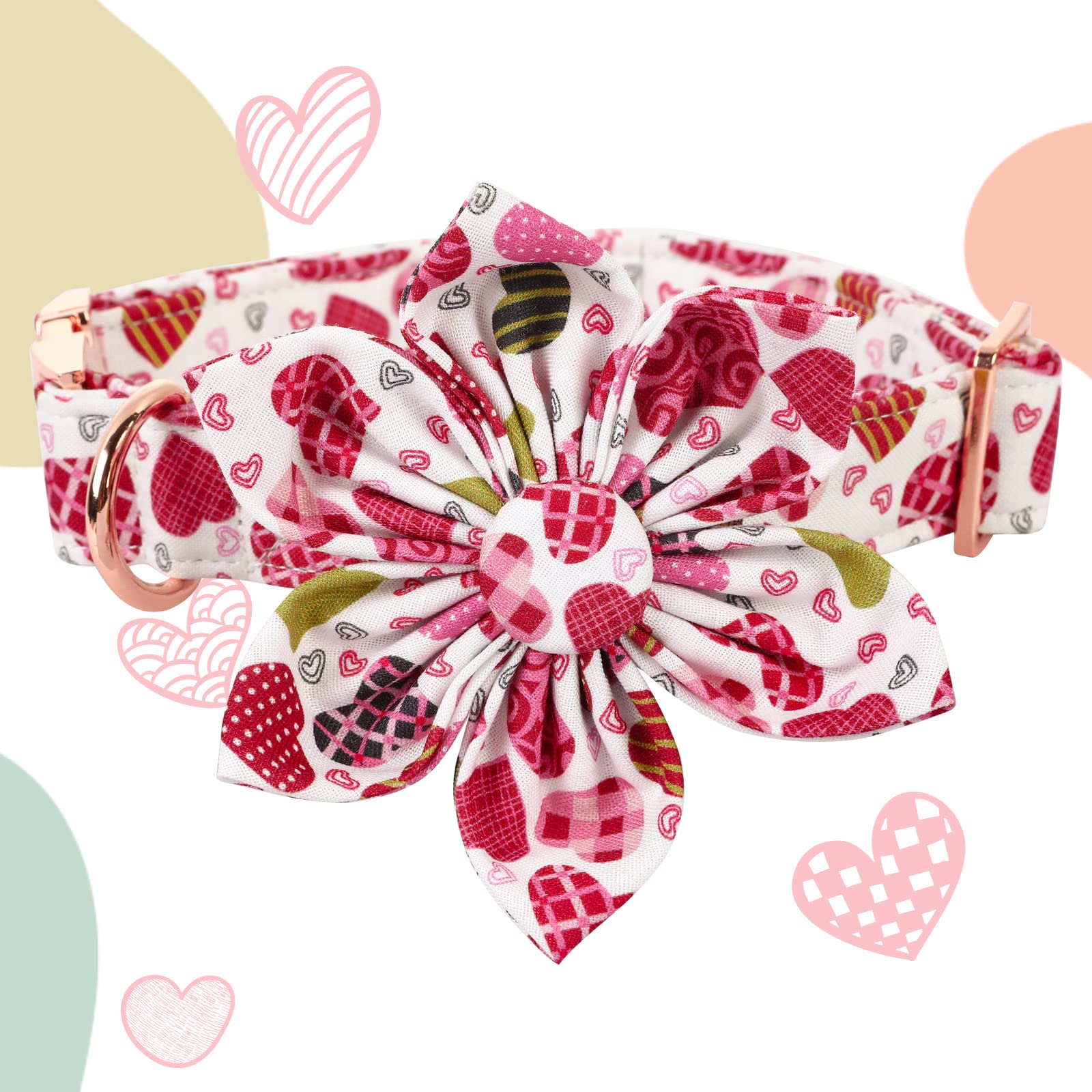 Lionheart Glory Heart Dog Collar, Valentine's Day Dogs Collar with Flower, Cute Floral Pattern Pet Collars Adjustable Dog Collars for Large Dogs