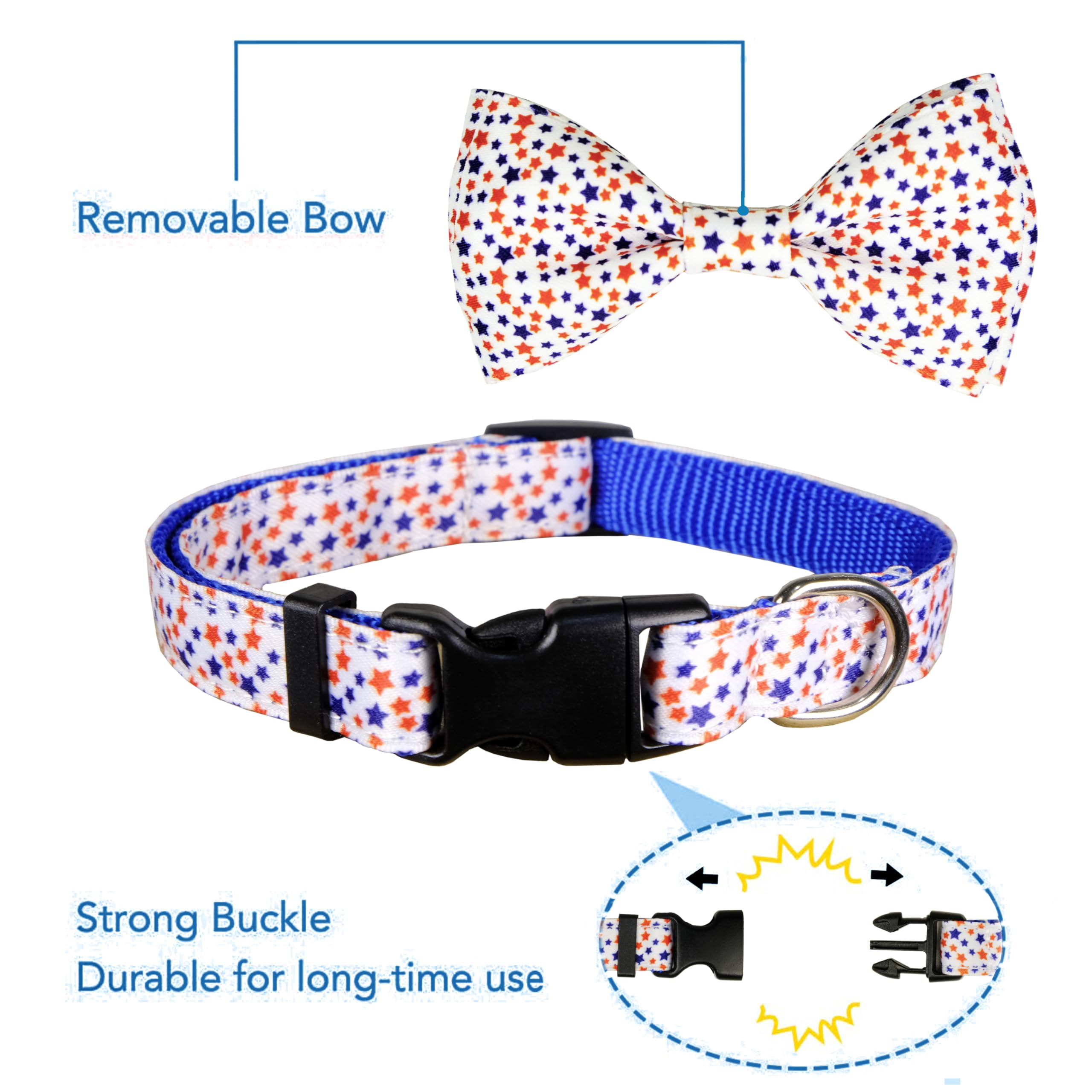 4th of July Dog Collar and Bow Tie Set Adjustable Pet Collar for Small Medium Large Dogs Independence Day Dog Accessories for Boys & Girls Red White Blue USA Theme