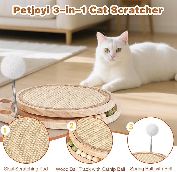 Petjoyi Cat Scratcher-Cat Interactive Toys, Ball Track Toy with Sisal Scratching Pad, 6 Track Balls & 1 Spring Ball – No Assembly Cat Toys and Balls Activity Center for Indoor Cats