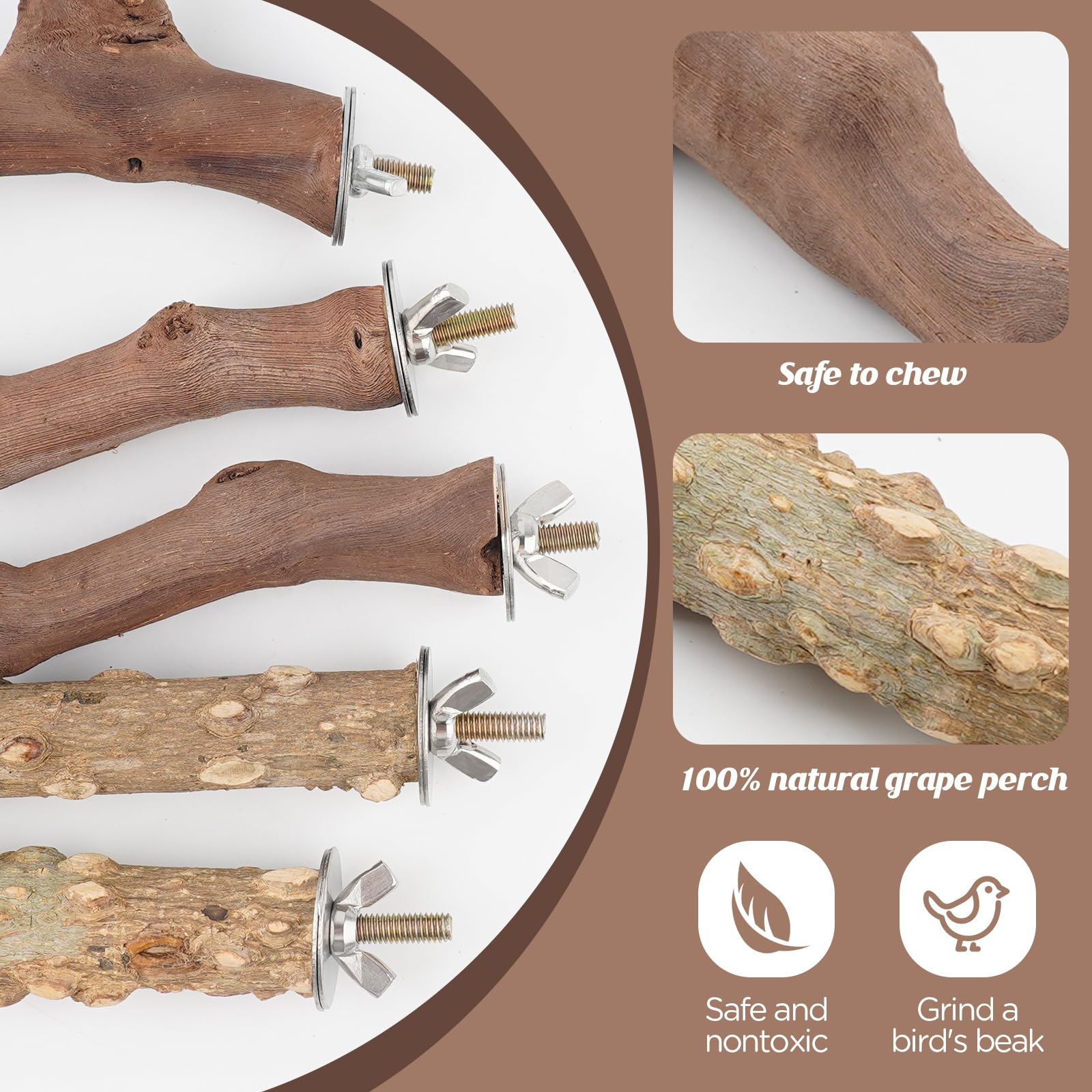5PCS Bird Perch Stand Natural Wooden Parrot Stand Branch,3 Grape Wood Perch,2 Stand,Paw Grinding Fork Parakeet Chewing Stick Exercise Training Branches for Cockatiels,Small Medium Birds