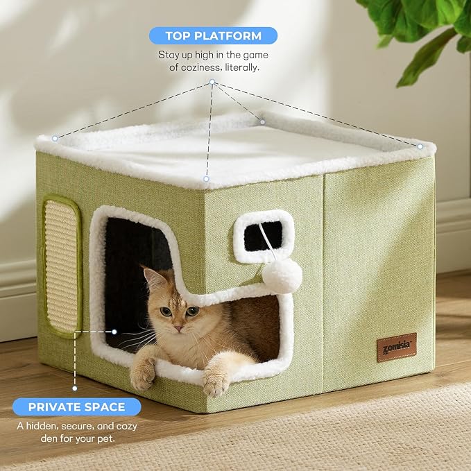 Cat Beds for Indoor Cats - Large Cat House for Pet with Fluffy Ball Hanging and Scratch Pad, Foldable Cat Hideaway,16.5x16.5x13 inches, Navy