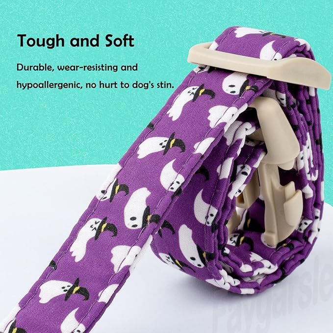 Faygarsle Halloween Dog Collar with Charm, Purple with Ghost Pattern, Adjustable Pet Collar for Small Medium Large Dogs, M