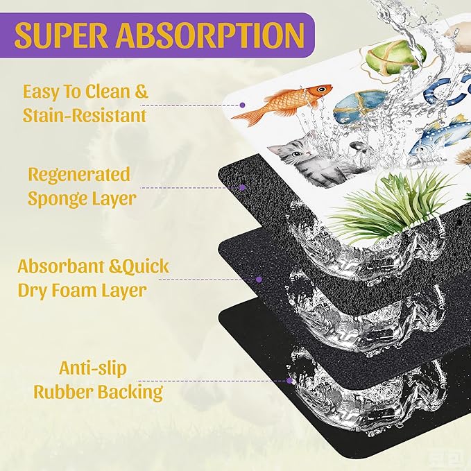 Cat Fun Pet Feeding Mat, Absorbent Bowl Pad for Dogs and Cats, Fast Dry, Non-Slip Back, Indoor Use – 16x24 Inch