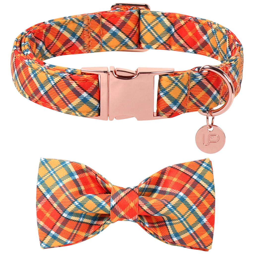 UP URARA PUP Autumn Plaid Dog Collar and Bow Tie Set – Orange Yellow Checkered Adjustable Fall Collar with Maple Leaf Charm for Small Medium Large Dogs, Soft Cotton Pet Collars with Buckle and D-Ring