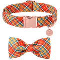 UP URARA PUP Autumn Plaid Dog Collar and Bow Tie Set – Orange Yellow Checkered Adjustable Fall Collar with Maple Leaf Charm for Small Medium Large Dogs, Soft Cotton Pet Collars with Buckle and D-Ring