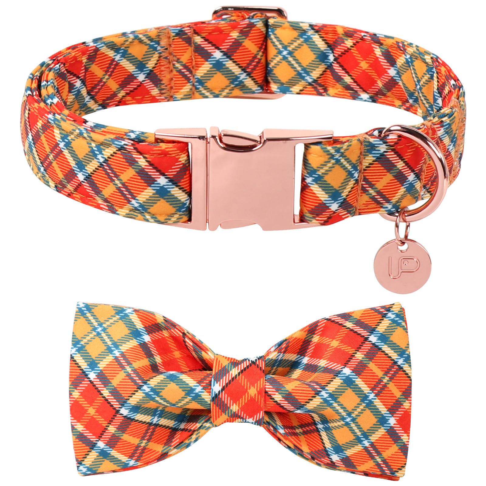 UP URARA PUP Autumn Plaid Dog Collar and Bow Tie Set – Orange Yellow Checkered Adjustable Fall Collar with Maple Leaf Charm for Small Medium Large Dogs, Soft Cotton Pet Collars with Buckle and D-Ring