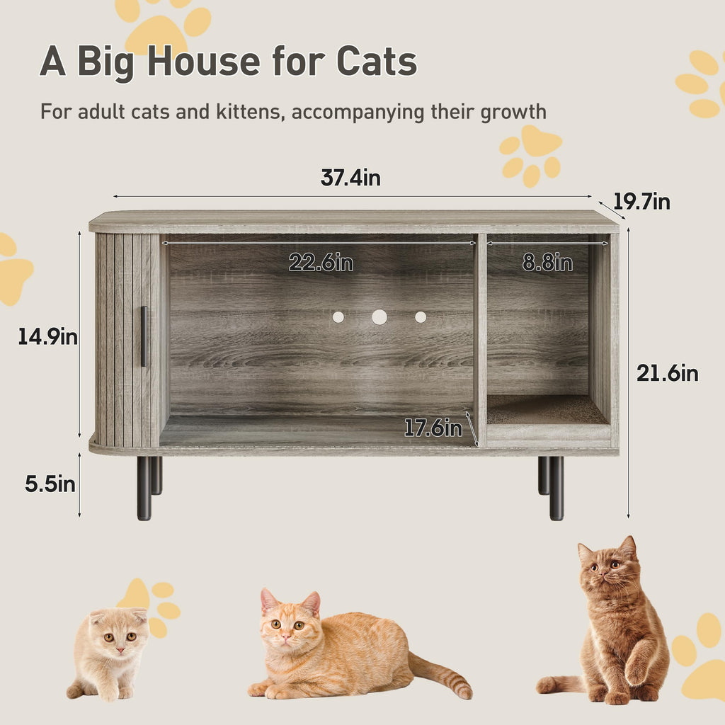 Halitaa 37.4" Cat Litter Box Enclosure with Scratch Pad, Sliding Door