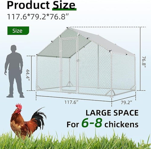 4ever2buy Metal Chicken Coop, 9.8x6.6 FT Walk-in Chicken Run Pen Poultry Cage, Water-Resistant & Anti-UV Cover, Large Chicken Coop for 6-8 Chickens