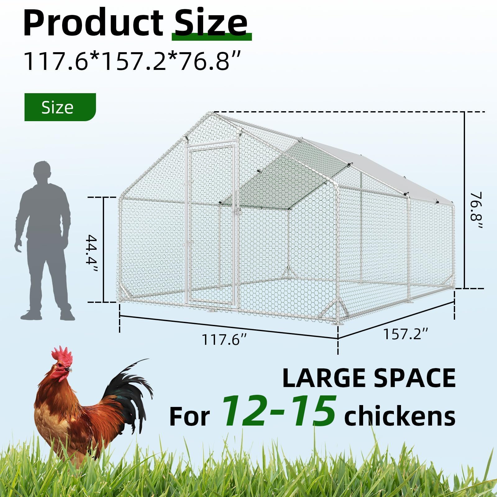 4ever2buy Metal Chicken Coop, 10x13 FT Walk-in Chicken Run Pen Poultry Cage, Water-Resistant & Anti-UV Cover, Large Chicken Coop for 12-15 Chickens