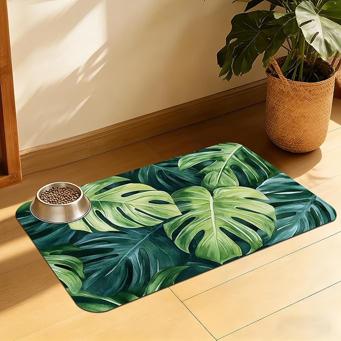 Tropical Palm Leaves Pet Feeding Mat, Absorbent Quick-Dry Dog Cat Bowl Mat, Non-Slip Bottom, Indoor Use – 16x24 Inch