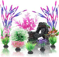 Fish Tank Accessories, Aquarium Fish Tank Plastic Plants and Cave Rock Decorations Set 10 Pieces, Small and Large Artificial Aquarium Plants with Cave Rock