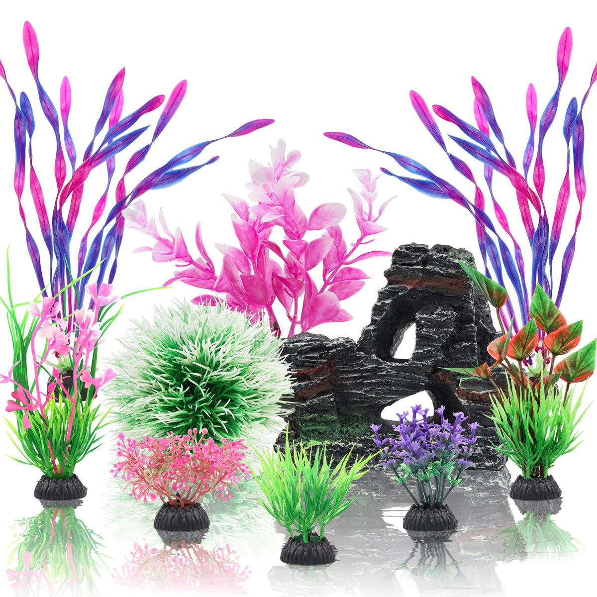 QUOZUO 10pcs Aquarium Artificial Plastic Plants Decorations and Rock Cave Decor Set, Fish Tank Accessories Small Large Fish Bowl Ornaments Set