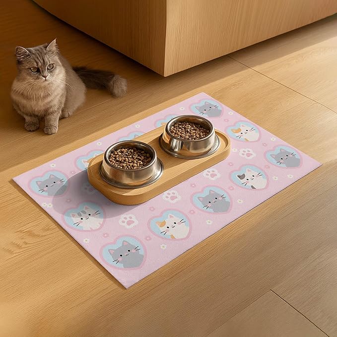 Cat Feeding Mat 24x16 inch Pink Heart Kitten Print Pet Bowl Placemat Non Slip Floor Mat for Food and Water Indoor Kitty Feeding Station Cute Meal Pad for Small Pets Kitchen Use