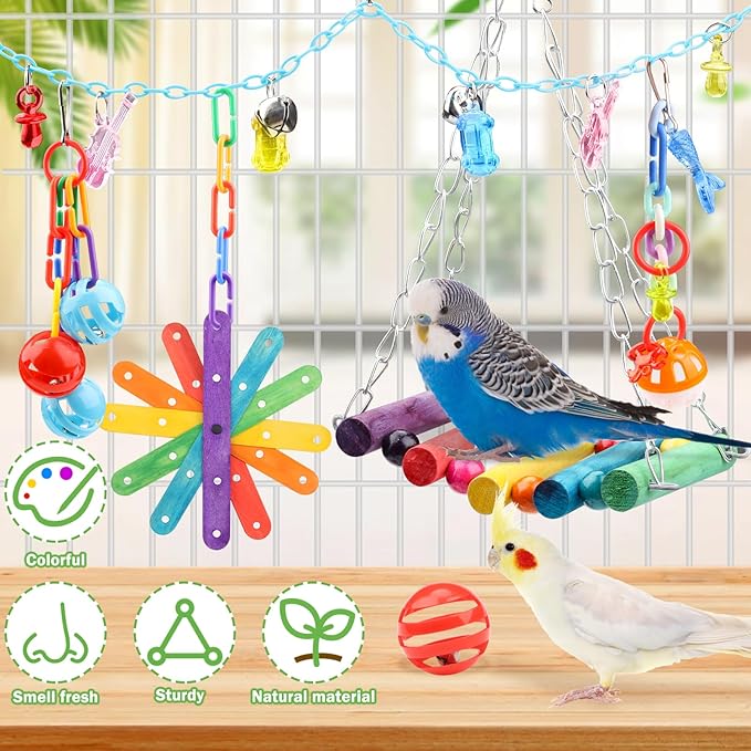 QUOZUO 9 Pcs Parakeet Cockatiel Bird Toys, Parrots Cage Accessories Swing Rope Hanging Wooden Perch Chewing Toy for Budgerigar, Parrot, Cockatiel