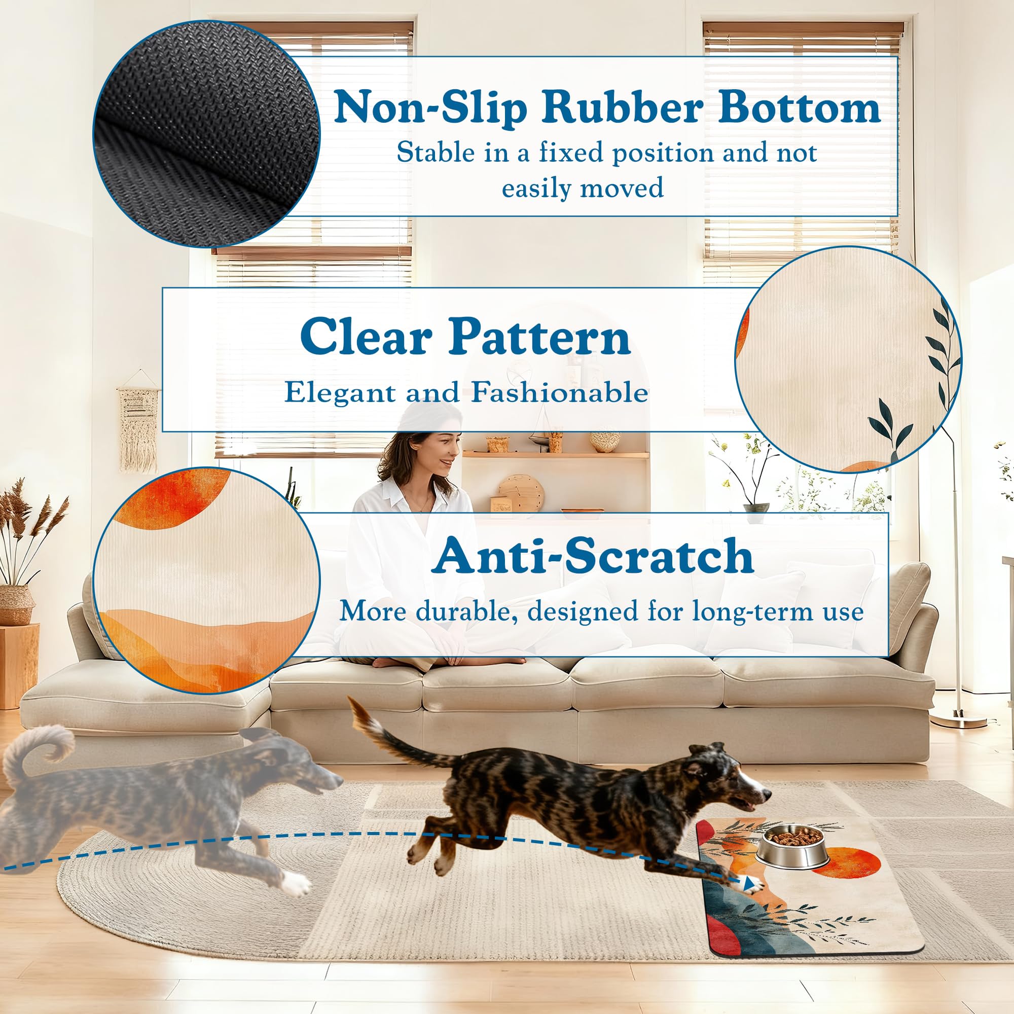 Boho Mountain Sun Pet Food Mat for Cats and Dogs–Absorbent Quick Dry Feeding Placemat, Non Slip Rubber Base, Waterproof Bowl Mat for Indoor Use, Pet Supplies 12"x20"