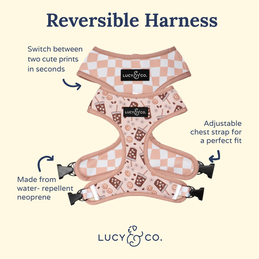 Lucy & Co. Reversible Dog Harness - Water-Repellent Neoprene, Dual-Print Design, Easy Swap Style, Adjustable Comfort Fit - Iced Coffee SZN Reversible Harness - Medium