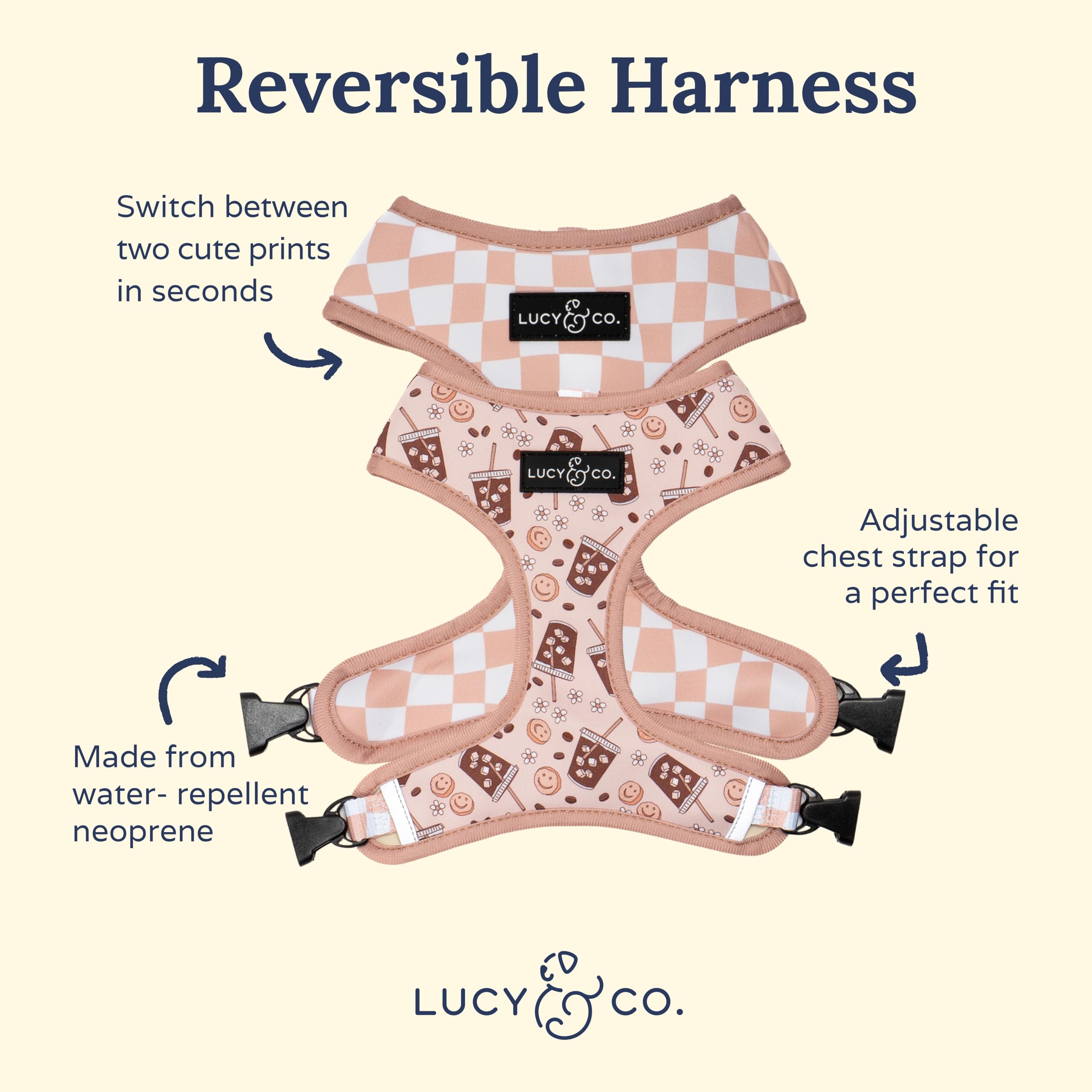 Lucy & Co. Reversible Dog Harness - Water-Repellent Neoprene, Dual-Print Design, Easy Swap Style, Adjustable Comfort Fit - Iced Coffee SZN Reversible Harness - Medium