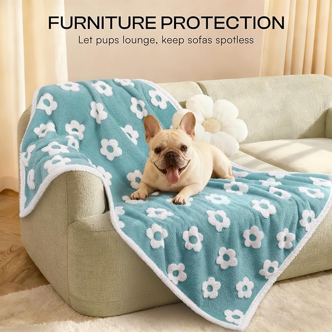 Luciphia Waterproof Pet Blanket for Medium Large Dogs Washable Fluffy Thick Jacquard Shag Fleece Warm Sherpa 3D Textured Flower Print for Cats Puppy Couch Protection (Blue,67x57 inches)