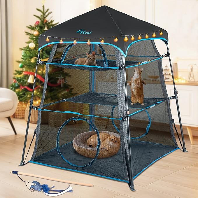Cat Enclosure Kitten and Cat Tower Tent for Indoor and Outdoor,3 Tier Cat Cage Inside, X-Large Outdoor Catio,Portable and Foldable,Two Doors Design can Assemble More Shapes (Patented)-Blue Trim