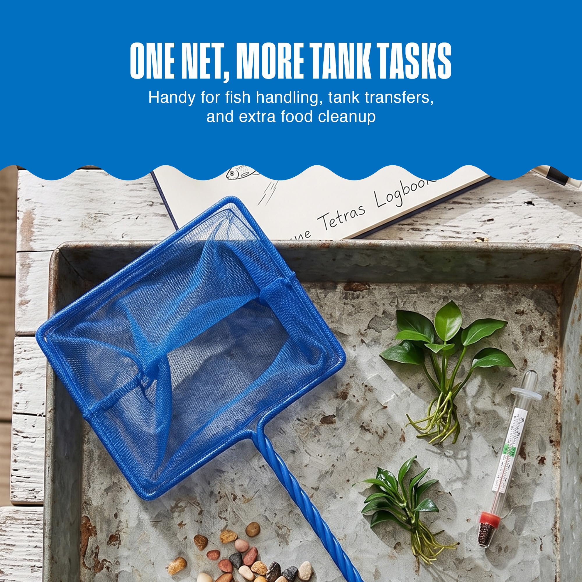 Penn-Plax Quick-Net Aquarium Fish Net - 8 x 6 in Fine Mesh, 10 in Vinyl-Covered Braided Handle - Small Aquarium Cleaning Tool for Gentle Fish Handling - Use in Freshwater & Saltwater Tanks - Blue