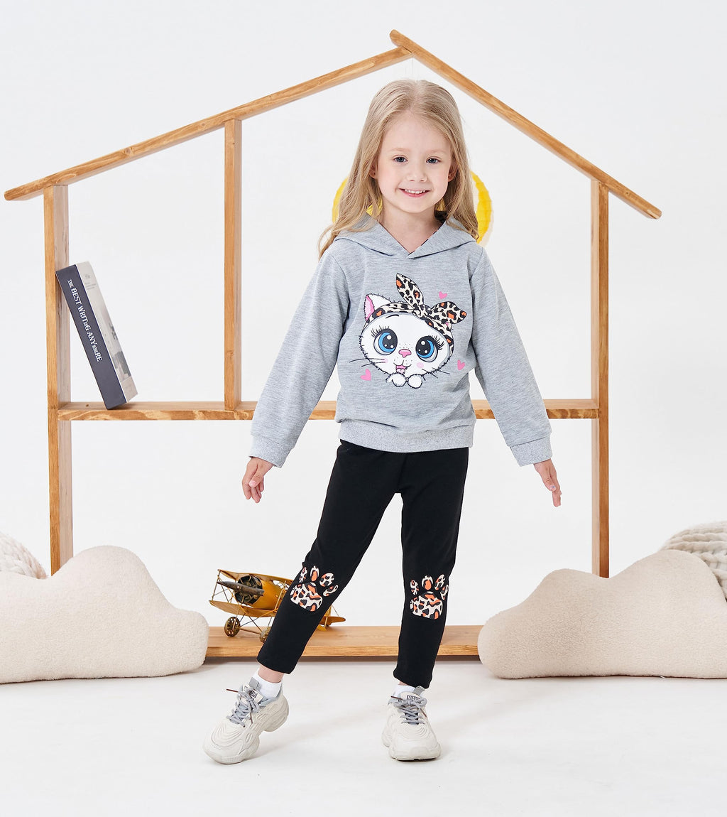 Axumity Toddler Girl Clothes Cat Print Pullover Sweatshirt + Leopard Print Pant 2-Piece Kid Girl Fall Winter Pants Set(3-4T)