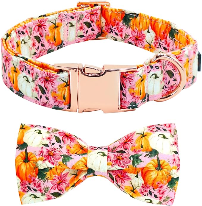 Bobo Rainbow Fall Dog Collar, Pink Flower Pumpkin Print Adjustable Pet Collar Cute Cotton Soft Collars with Bow Tie Metal Buckle Holiday Puppy Collars Boy&Girl Gift for X-Small Dogs