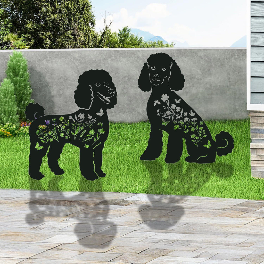 Rngmsi Poodle Metal Garden Stakes Yard Decor, 2PCS Black Poodle Dog Silhouette Statues Garden Decorative Gifts for Yard Art, Patio, Outside, Lawn Ornaments, Christmas, Backyard, Pathway