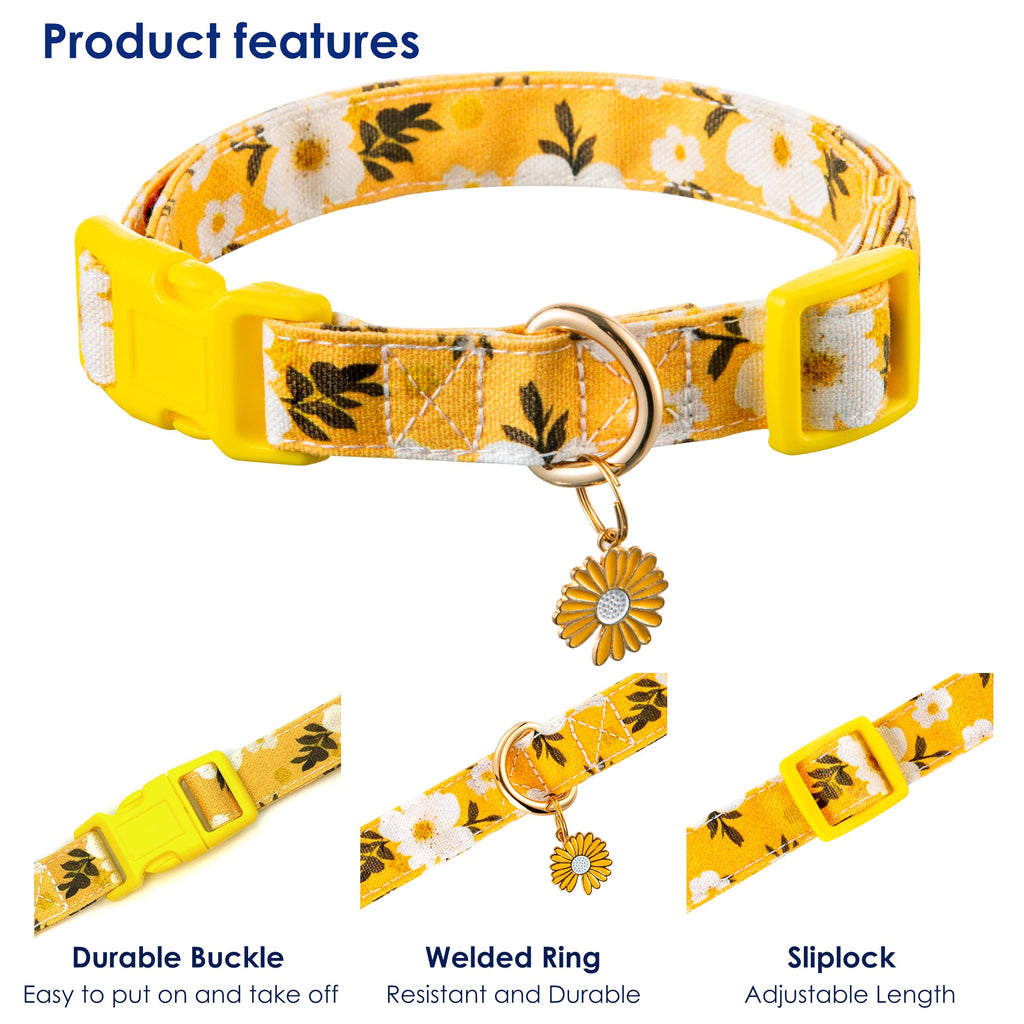 Raisingwell Cotton Dog Collar Yellow Flower Pattern for Boys and Girls Cute Dog Collars Summer Fall Gift Adjustable for Medium to X-Large Breed Dogs (L)