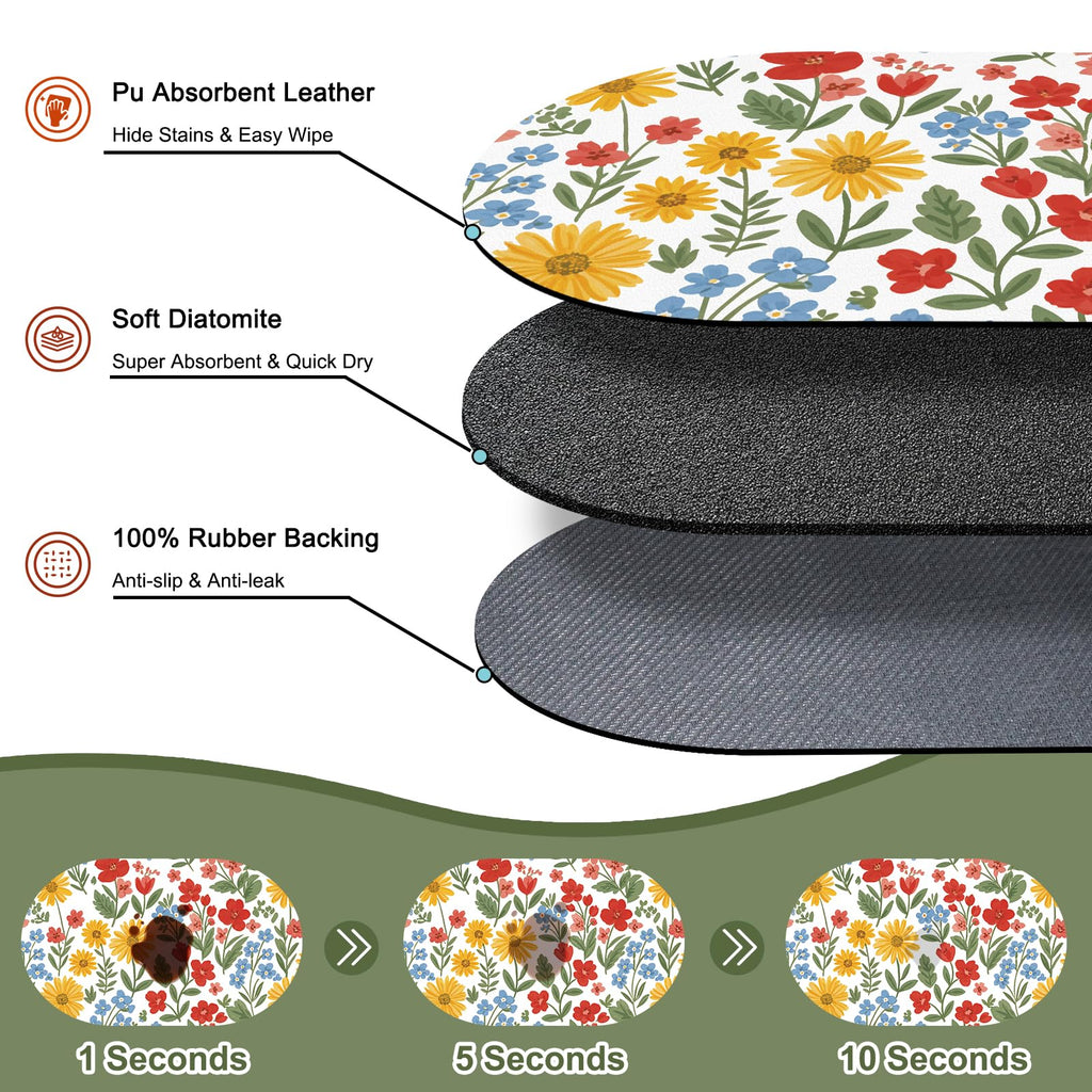 Absorbent Cat Mats for Food and Water 24''x16'', Non-Slip Rubber Mat for Cats Bowls, Easy Store Pet Food Placemat, Mats for Under Cats Food Bowls, Fit with Kitchen, Living Room, White Floral