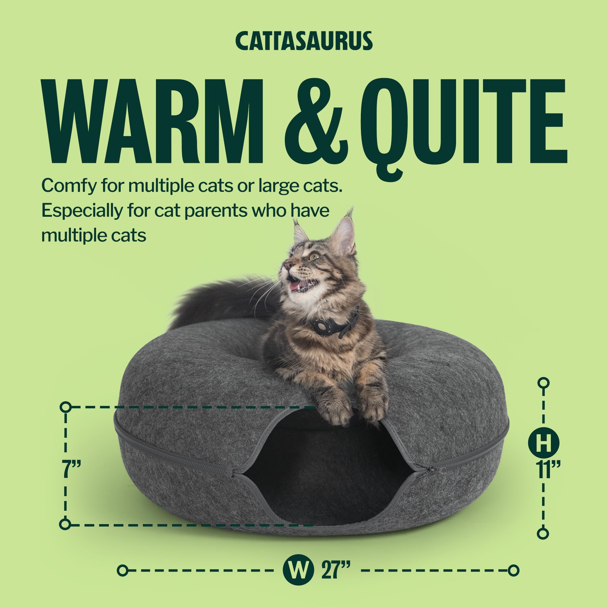 Cattasaurus Peekaboo Cat Cave Donut for Multiple & Large Cats up to 30-45 lbs, 3-in-1 Self Warming Cat Bed, Tunnel & Scratcher for Indoor Cats, Washable & Detachable Small Dog Bed (Dark Gray, Jumbo)