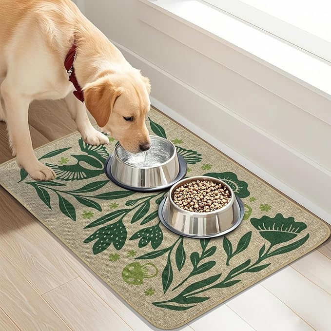 SHIYUE Dog Food Mats for Floors, Absorbent Cat Bowl for Food and Water, Non-Slip Accessories Pet Supplies(16"x24",Green Flower Bird)
