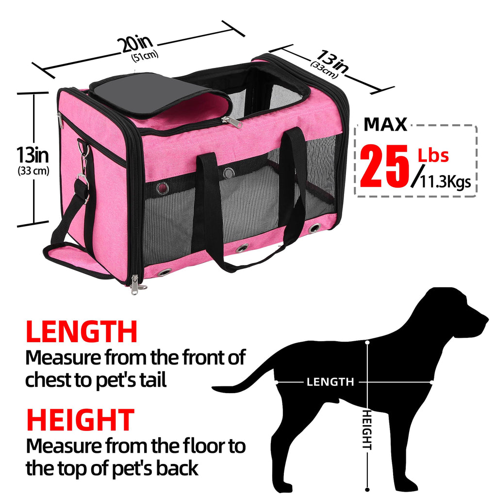 Soft Sided Cat/Dog Carrier,Collapsible Pets Travel Carriers for Pet/Puppy with Shoulder Strap & Removable Mat,Mesh Top Load Small Dogs/Cats Carry Bag Up to 25 Lbs（Pink,L）