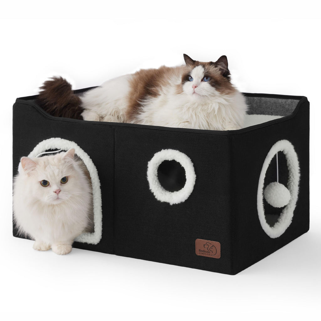 Bedsure Extra Wide Cat House Bed with Fluffy Ball and Scratch Pad,Black