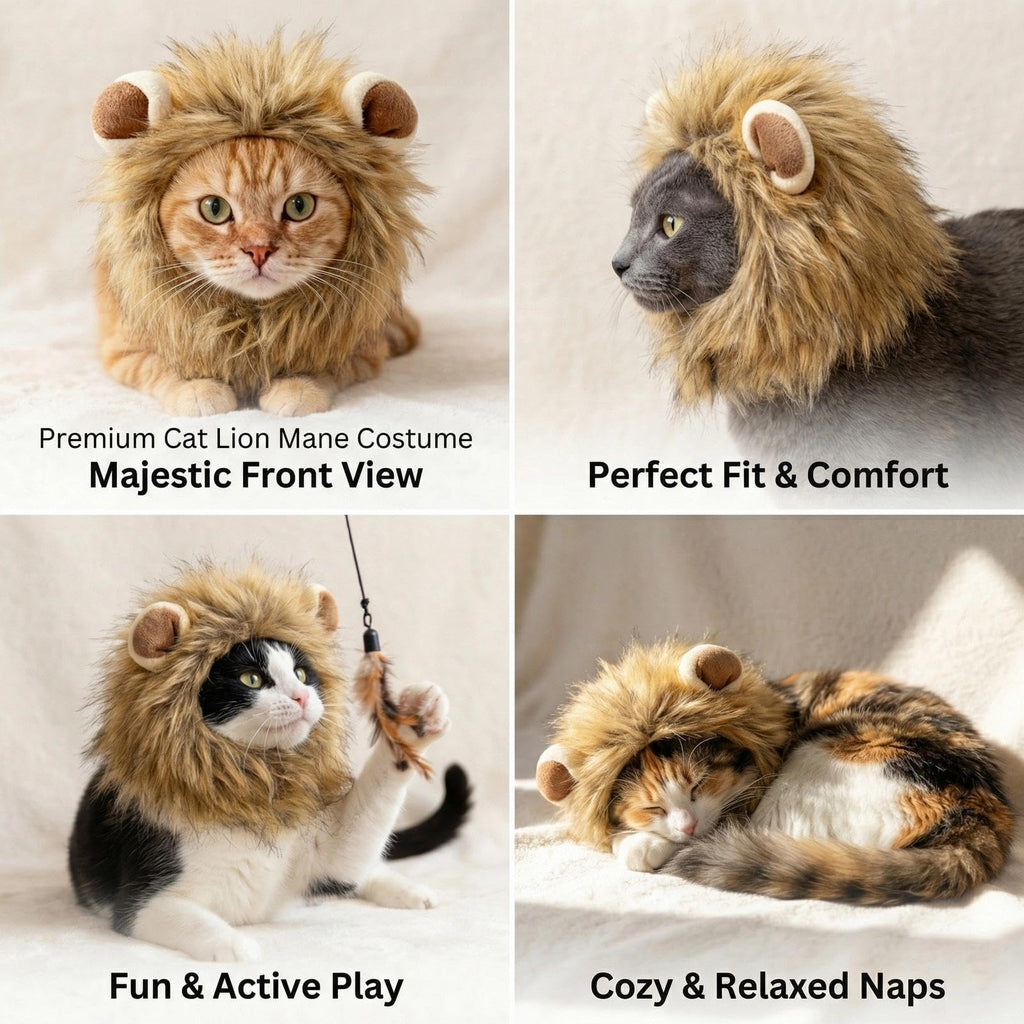 Adjustable Lion Mane Wig Pet Costume, Soft Halloween Cat Clothing with Secure Fit, Comfortable Feline Apparel for Parties, Fun Photo Sessions with Adorable Cat Costumes (Size S)