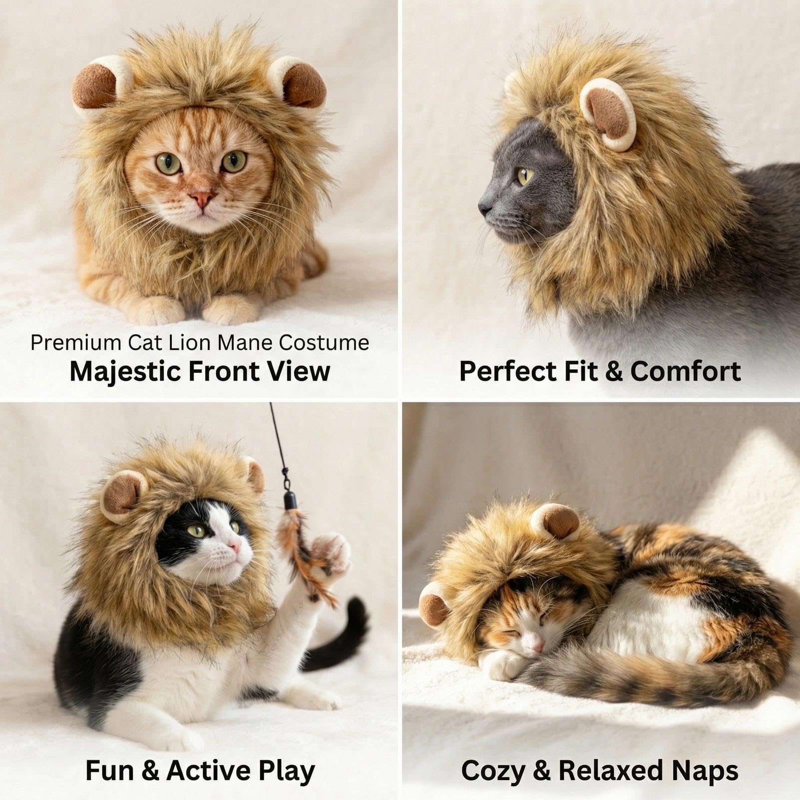 Adjustable Lion Mane Wig Pet Costume, Soft Halloween Cat Clothing with Secure Fit, Comfortable Feline Apparel for Parties, Fun Photo Sessions with Adorable Cat Costumes (Size S)