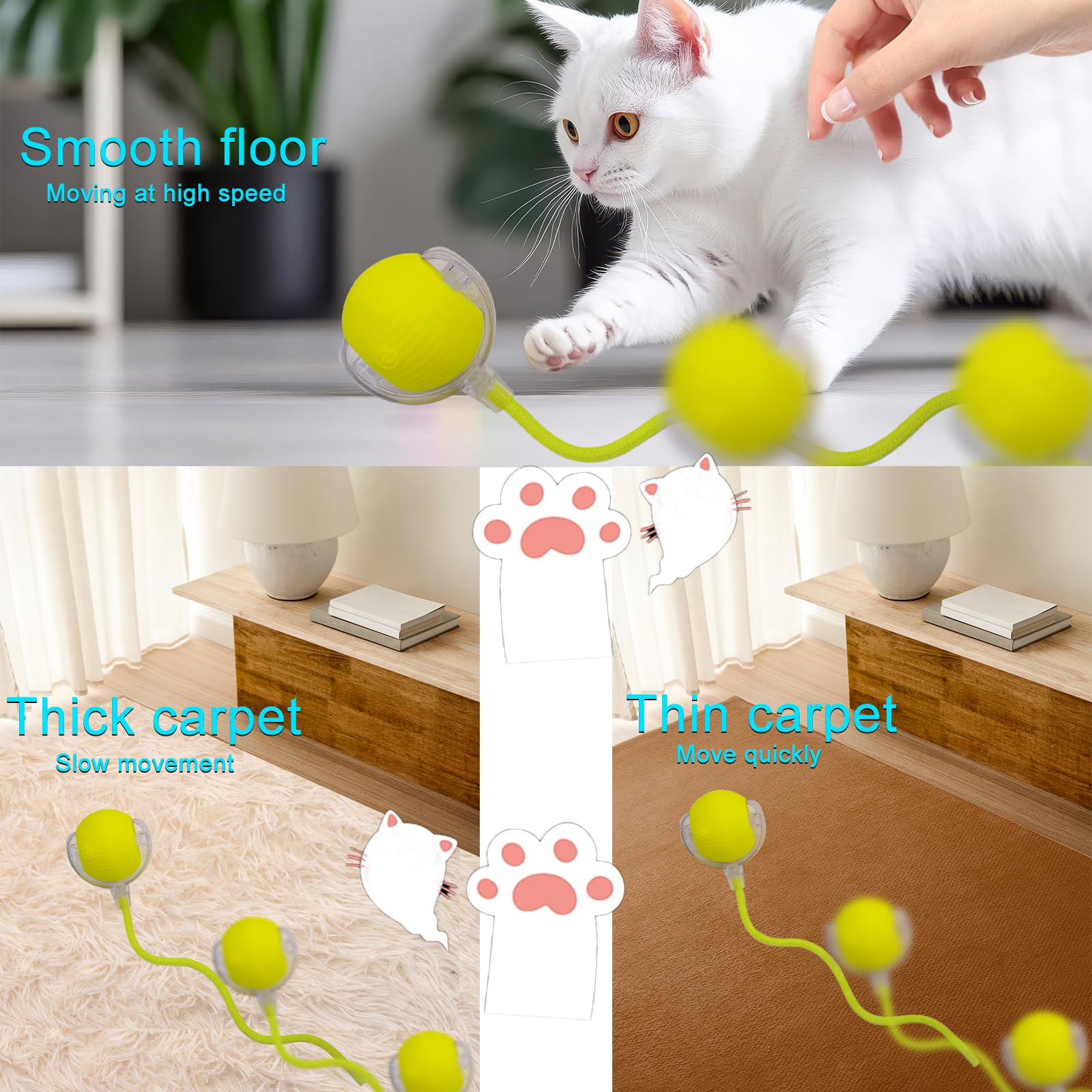 Interactive Cat Dog Toy Ball with LED Light, Automatic Rolling(Yellow)