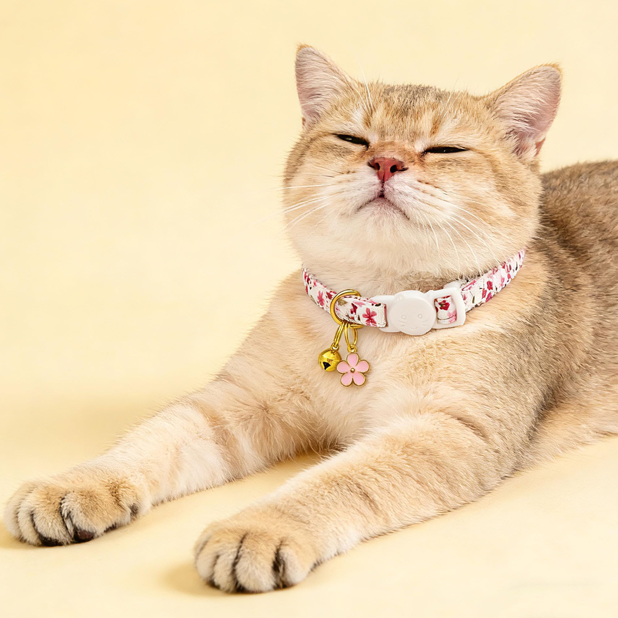 2 Pack Cotton Breakaway Cat Collars Set with Bell and Flower Pendant, Cute Floral Fruit Patterned, Adjustable 7.5-11Inch, Include A Mouse Toy Gift (Vintage+ Small Pink Flower)