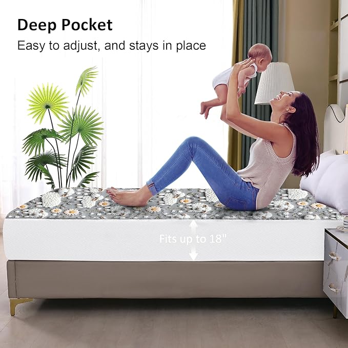 Waterproof Mattress Protector King, Fitted Sheet Style Breathable Mattress Cover with Deep Pocket Fits Up to 18'', Noiseless Bed Cover for Kids Adults Pets, Machine Washable (Sheep, King)