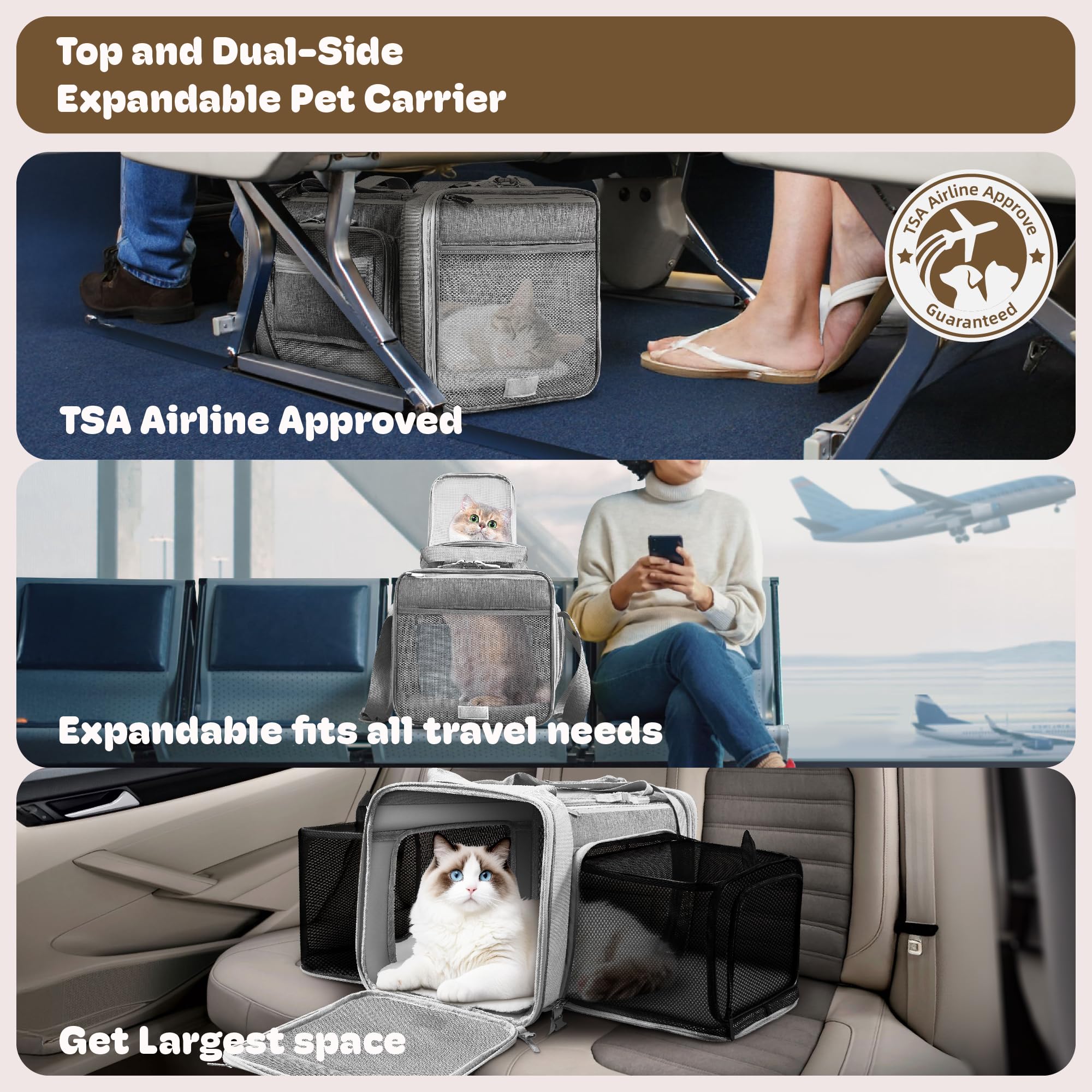 Top and 2 Sides Expandable Cat Carrier 17x11x11 TSA Airline Approved